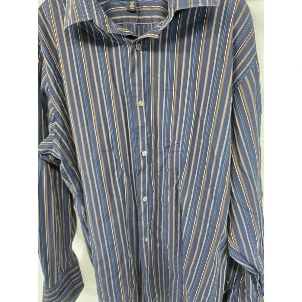 Banana Republic Mens XL Stripe Button Down Shirt Navy Blue Brown Long Sleeve